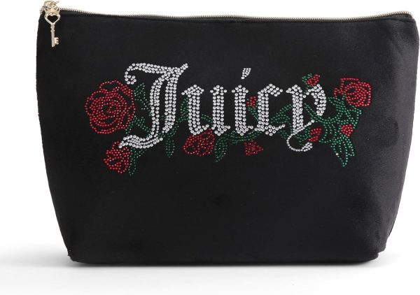 Juicy Couture Black Makeup Bag Cosmetics Organizer Travel Essentials Top Zip Pouch Velour Rhinestone Roses black friday deals