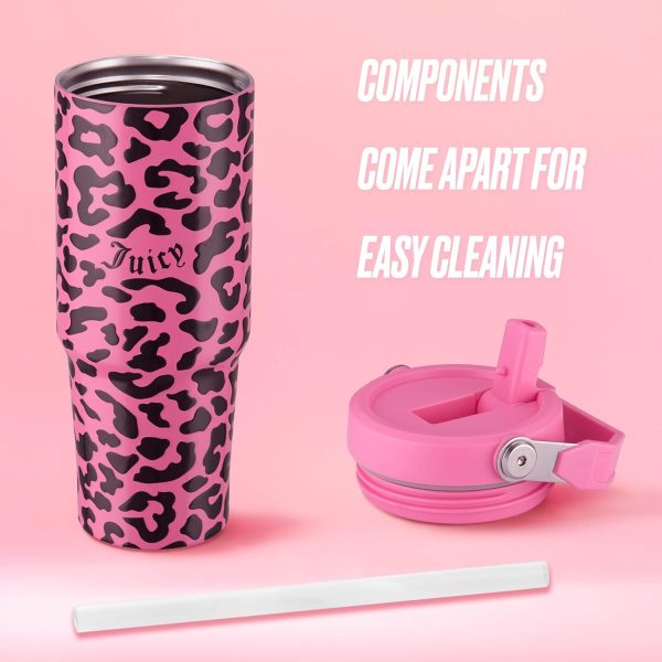 Juicy Couture Flip & Sip Insulated Tumbler with Handle and Straw, 30 oz, Hot Pink Leopard-4