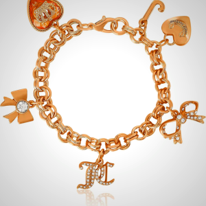 Juicy Couture Bracelet 7-7.5", Goldtone Charm Bracelets for Women with 6 Different Charms Featuring Clear Stones