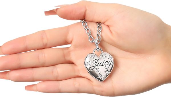 Juicy Couture Puffy Heart Necklace for Women 18"+2", Fashion Constellation Heart Necklace with Clear Stones and Logo necklace tiffany