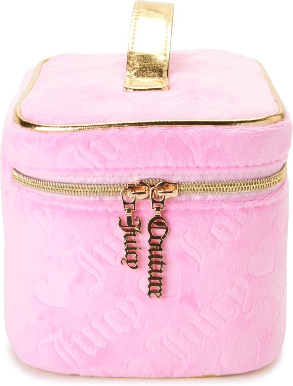 Juicy Couture Pink Makeup Bag Cosmetics Organizer Travel Essentials Train Case Velour Heart Logo makeup