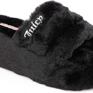 Juicy Couture Women's Faux Fur Platform Slippers – Fluffy Cozy Indoor Outdoor Slip-On House Shoes faux