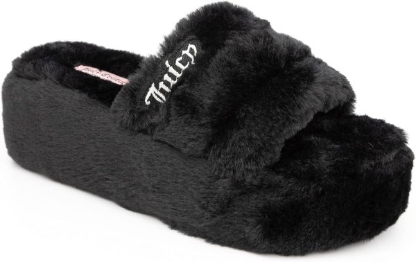 Juicy Couture Women's Faux Fur Platform Slippers – Fluffy Cozy Indoor Outdoor Slip-On House Shoes faux