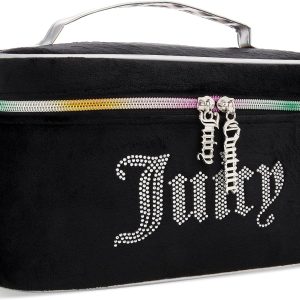 Juicy Couture Black Rainbow Makeup Bag Cosmetics Organizer Travel Essentials Train Case Velour Rhinestones makeup vanity