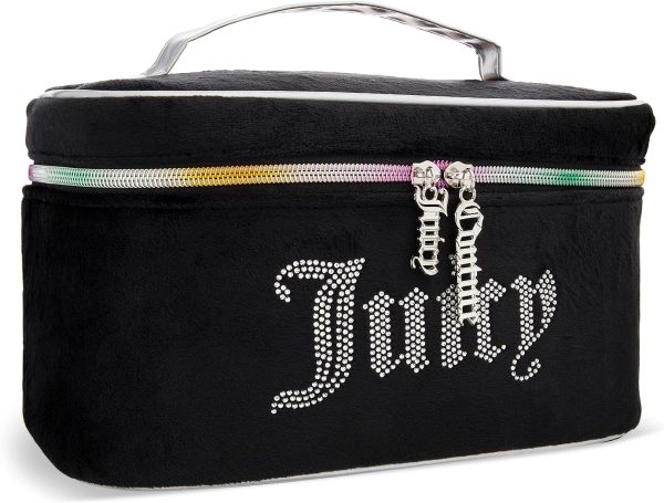 Juicy Couture Black Rainbow Makeup Bag Cosmetics Organizer Travel Essentials Train Case Velour Rhinestones makeup vanity