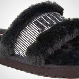 Juicy Couture Women's Luxe Faux Fur Slide Slippers with Embellished Strap, Cozy Indoor/Outdoor Fuzzy Slip-On Sandals