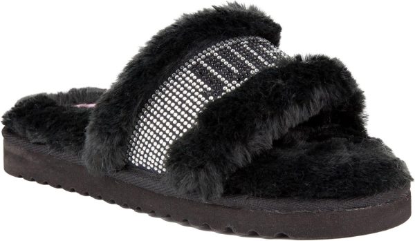 Juicy Couture Women's Luxe Faux Fur Slide Slippers with Embellished Strap, Cozy Indoor/Outdoor Fuzzy Slip-On Sandals-0