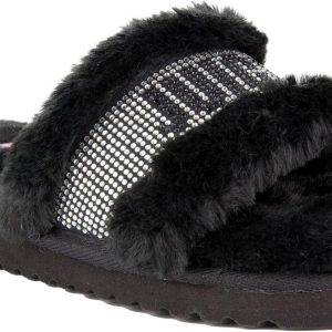 Juicy Couture Women's Luxe Faux Fur Slide Slippers with Embellished Strap, Cozy Indoor/Outdoor Fuzzy Slip-On Sandals couture font