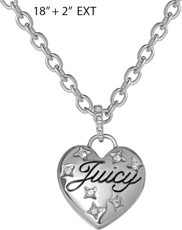 Juicy Couture Puffy Heart Necklace for Women 18"+2", Fashion Constellation Heart Necklace with Clear Stones and Logo-4