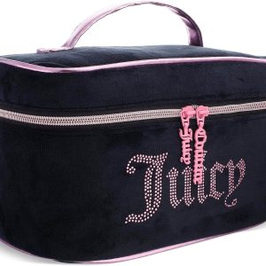 Juicy Couture Black Pink Makeup Bag Cosmetics Organizer Travel Essentials Train Case Velour Rhinestones makeup brush