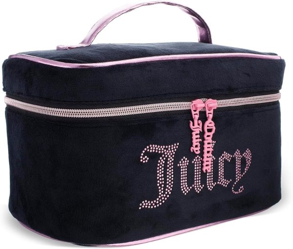 Juicy Couture Black Pink Makeup Bag Cosmetics Organizer Travel Essentials Train Case Velour Rhinestones makeup brush