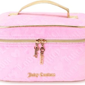 Juicy Couture Pink Makeup Bag Cosmetics Organizer Travel Essentials Train Case Velour Heart Logo juicy juice