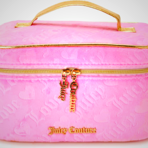 Juicy Couture Pink Makeup Bag Cosmetics Organizer Travel Essentials Train Case Velour Heart Logo