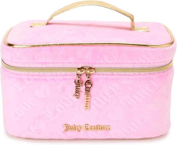 Juicy Couture Pink Makeup Bag Cosmetics Organizer Travel Essentials Train Case Velour Heart Logo-0