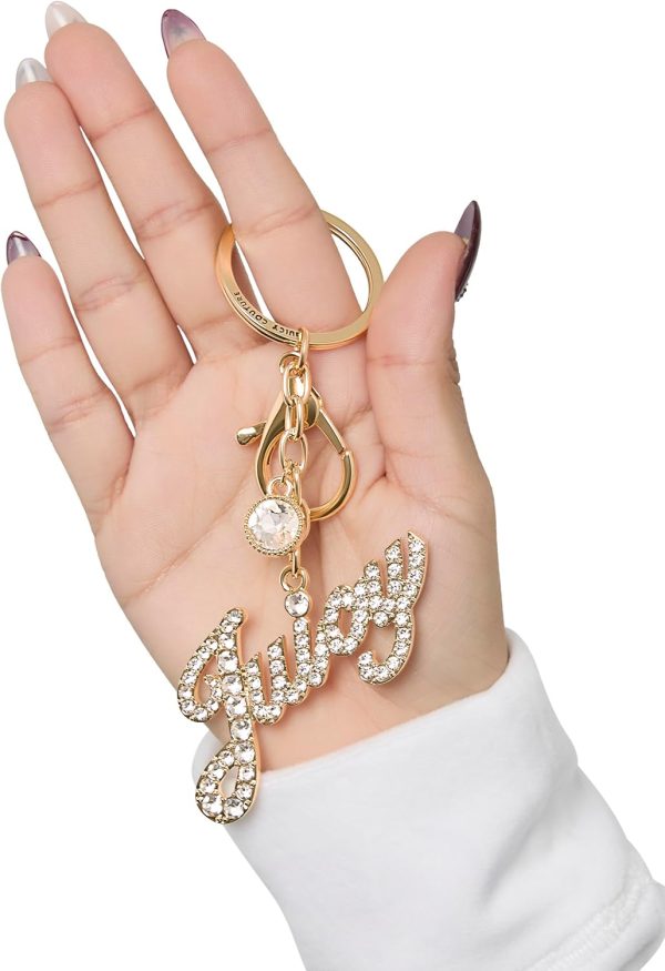 Juicy Couture Cute Key Chains for Women, Gold-Tone Logo Keychain with Clear Crystals, Juicy Gifts-2