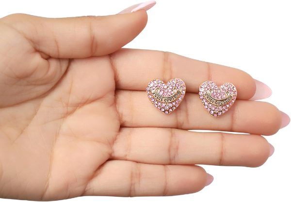 Juicy Couture Logo Heart Stud Earrings for Women with Stone Embellishments, Rhodium or Gold-Tone Heart Earrings, Juicy Gifts-2