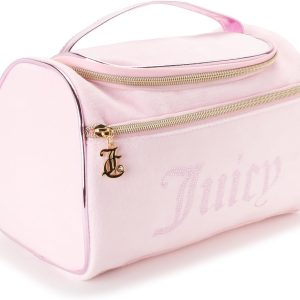 Juicy Couture Pink Makeup Bag Cosmetics Organizer Travel Essentials Hanging Duffel Velour Rhinestones-0