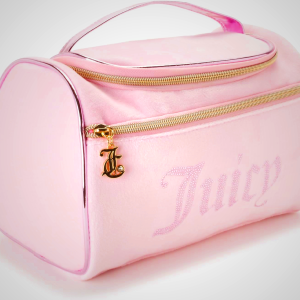 Juicy Couture Pink Makeup Bag Cosmetics Organizer Travel Essentials Hanging Duffel Velour Rhinestones