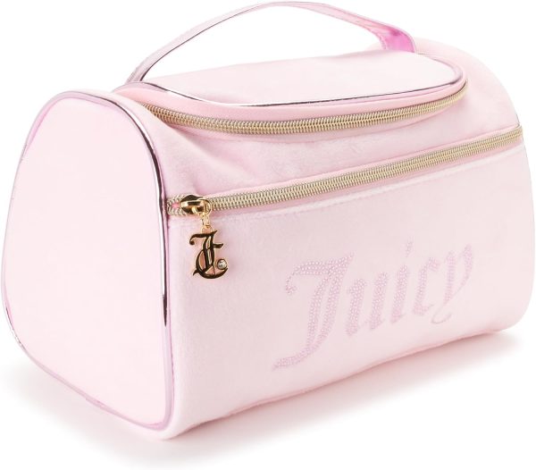 Juicy Couture Pink Makeup Bag Cosmetics Organizer Travel Essentials Hanging Duffel Velour Rhinestones-0