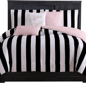 Juicy Couture Cabana Stripe Reversible Bedding Set - Queen Size - Black and White Stripe Print – 6 Piece Set – Includes 1 90" x 90" Comforter, 3 Decorative Pillows, 2 Shams-0