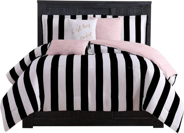 Juicy Couture Cabana Stripe Reversible Bedding Set - Queen Size - Black and White Stripe Print – 6 Piece Set – Includes 1 90" x 90" Comforter, 3 Decorative Pillows, 2 Shams cabana beach