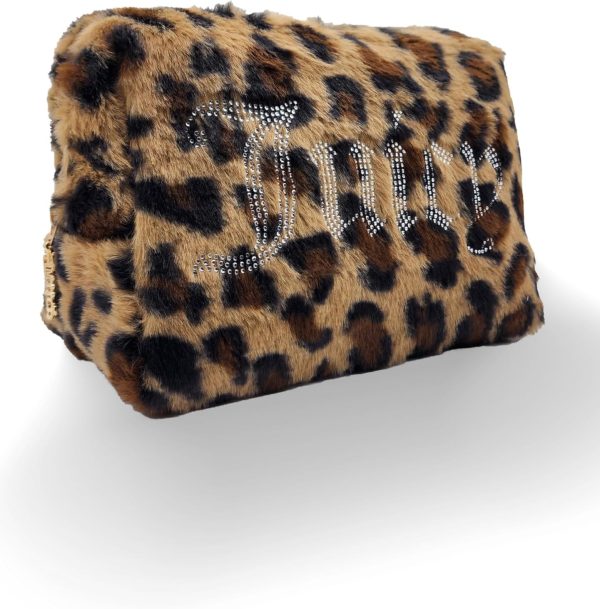Juicy Couture Brown Makeup Bag Cosmetics Organizer Travel Essentials Zip Top Wedge Leopard Print Faux Fur Rhinestone makeup brush