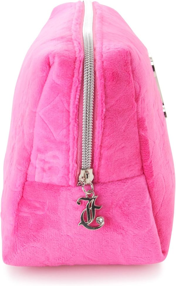 Juicy Couture Hot Pink Makeup Bag Cosmetics Organizer Travel Essentials Zip Top Wedge Velour Heart Crown-4