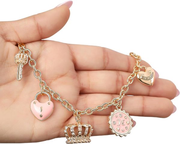 Juicy Couture Charm Necklace for Women, 16-18"+2" Gold-Tone Necklace Juicy Logo Charms with Pink Enamel and Clear Crystals-2