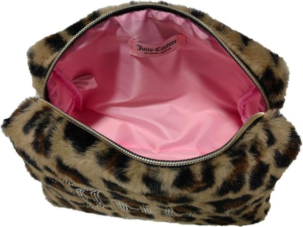 Juicy Couture Brown Makeup Bag Cosmetics Organizer Travel Essentials Zip Top Wedge Leopard Print Faux Fur Rhinestone brownie