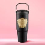 Juicy Couture 30oz Flip Flow Stainless Steel Tumbler With Flip Straw and Carry Handle, Black 3D Gold Logo-0