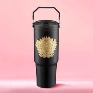 Juicy Couture 30oz Flip Flow Stainless Steel Tumbler With Flip Straw and Carry Handle, Black 3D Gold Logo-0