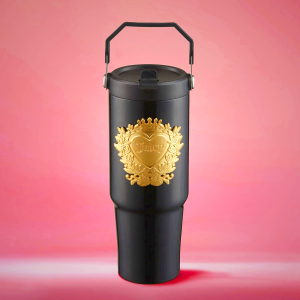 Juicy Couture 30oz Flip Flow Stainless Steel Tumbler With Flip Straw and Carry Handle, Hot Pink 3D Gold Logo