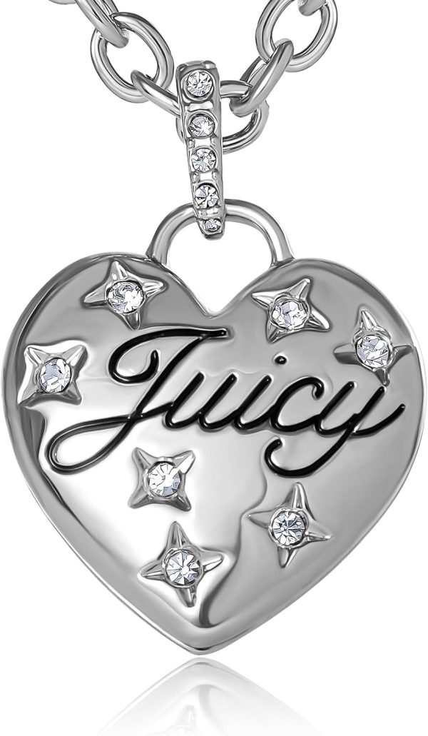 Juicy Couture Puffy Heart Necklace for Women 18"+2", Fashion Constellation Heart Necklace with Clear Stones and Logo puffy jacket