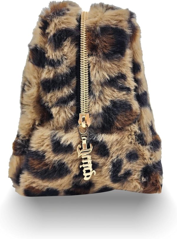 Juicy Couture Brown Makeup Bag Cosmetics Organizer Travel Essentials Zip Top Wedge Leopard Print Faux Fur Rhinestone makeup organizer
