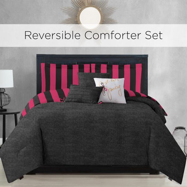 Juicy Couture Cabana Stripe Reversible Bedding Set - Queen/Full Size - Black and Hot Pink Stripe Print – 6 Piece Set – Includes 1 90" x 90" Comforter, 3 Decorative Pillows, 2 Shams couture by rojita