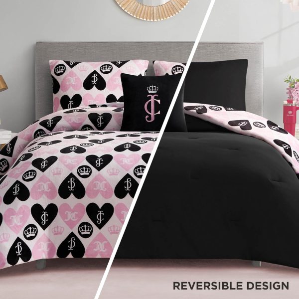 Juicy Couture Plush Reversible Queen Heart Logo 4-Piece King Comforter Set with Decorative Pillow, Pink reversible