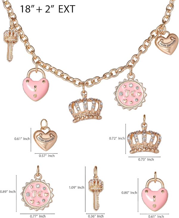 Juicy Couture Charm Necklace for Women, 16-18"+2" Gold-Tone Necklace Juicy Logo Charms with Pink Enamel and Clear Crystals-3