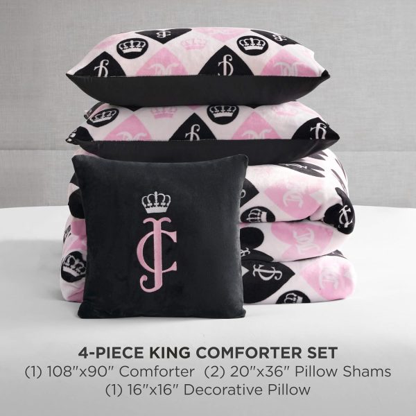Juicy Couture Plush Reversible Queen Heart Logo 4-Piece King Comforter Set with Decorative Pillow, Pink queen size