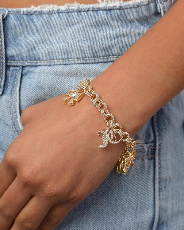 Juicy Couture Bracelet 7-7.5", Goldtone Charm Bracelets for Women with 6 Different Charms Featuring Clear Stones-1