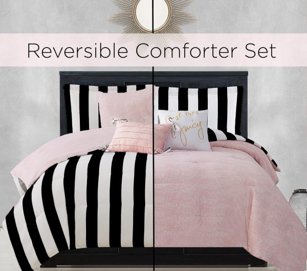Juicy Couture Cabana Stripe Reversible Bedding Set - Queen Size - Black and White Stripe Print – 6 Piece Set – Includes 1 90" x 90" Comforter, 3 Decorative Pillows, 2 Shams-4