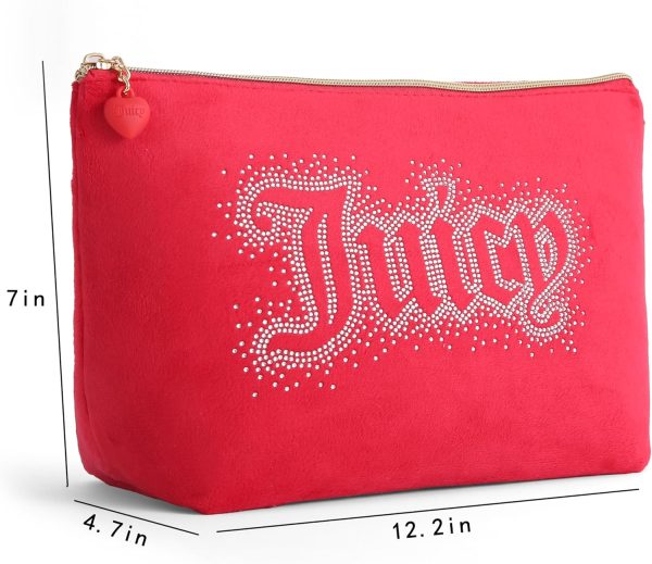 Juicy Couture Red Makeup Bag Cosmetics Organizer Travel Essentials Top Zip Pouch Rhinestone Velour bag