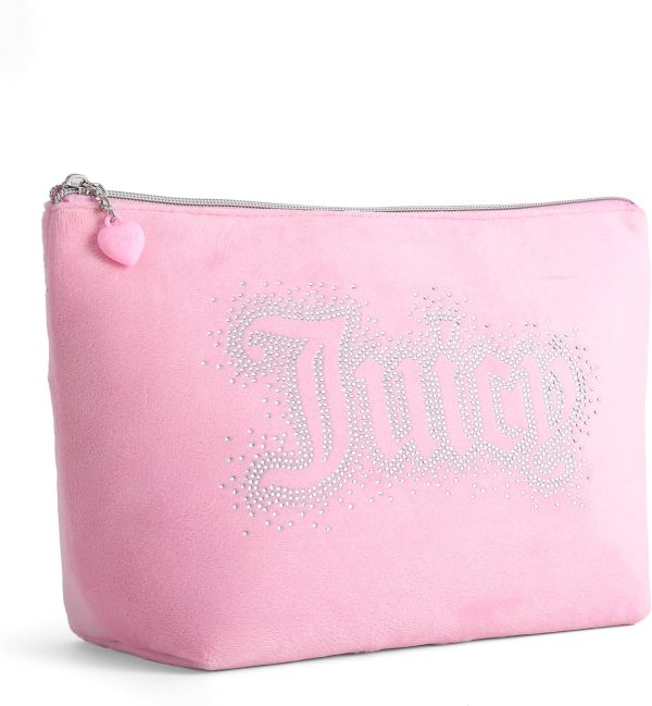 Juicy Couture Red Makeup Bag Cosmetics Organizer Travel Essentials Top Zip Pouch Rhinestone Velour makeup