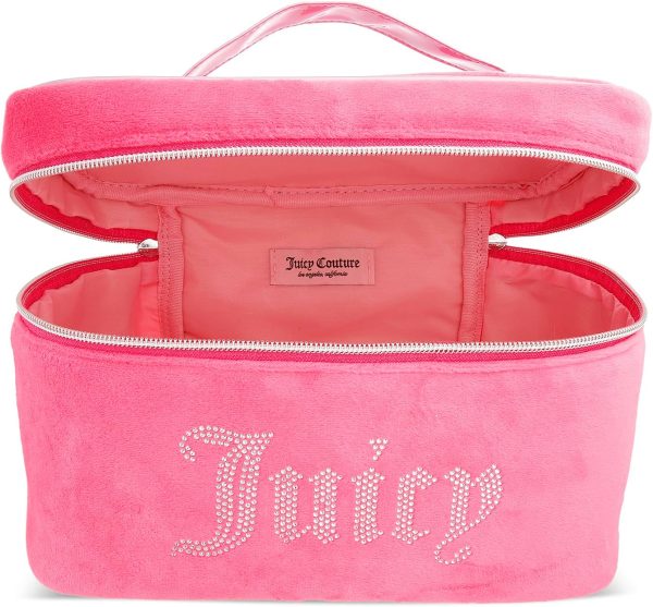 Juicy Couture Pink Silver Makeup Bag Cosmetics Organizer Travel Essentials Train Case Velour Rhinestones silver price today