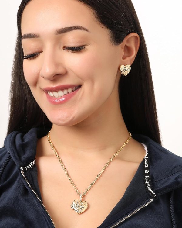 Juicy Couture Logo Heart Stud Earrings for Women with Stone Embellishments, Rhodium or Gold-Tone Heart Earrings, Juicy Gifts hearth apartments