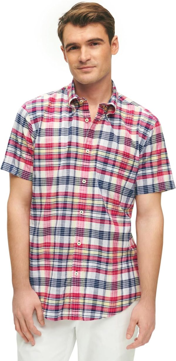 Brooks Brothers Men's Short Sleeve Button Down Cotton Madras Plaid Sport Shirt, Madras, X-Large White brothers conflict
