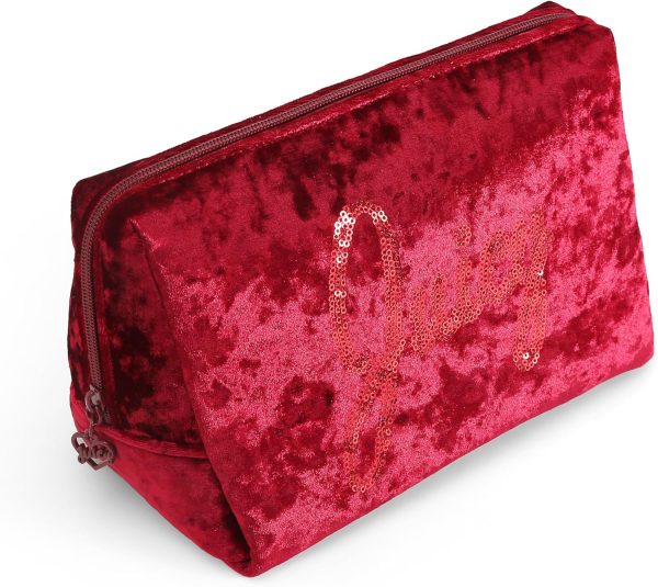 Juicy Couture Red Makeup Bag Cosmetics Organizer Travel Essentials Zip Top Wedge Crushed Velvet Sequin Logo redfin