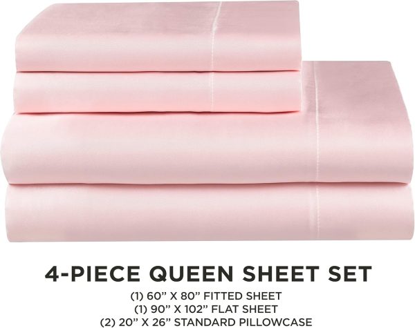 Juicy Couture Queen Size Satin Bed Sheet Set, Deep Pocket Silky Satin Queen Sheet Set with 1 Fitted Sheet, 1 Flat Sheet and 2 Pillow Case, Wrinkle Resistant and Anti Pilling - Pink-4