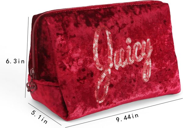 Juicy Couture Red Makeup Bag Cosmetics Organizer Travel Essentials Zip Top Wedge Crushed Velvet Sequin Logo-4