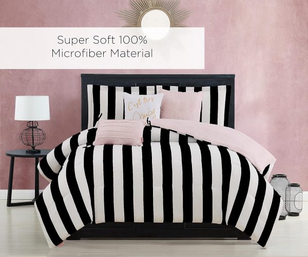 Juicy Couture Cabana Stripe Reversible Bedding Set - Queen Size - Black and White Stripe Print – 6 Piece Set – Includes 1 90" x 90" Comforter, 3 Decorative Pillows, 2 Shams-3