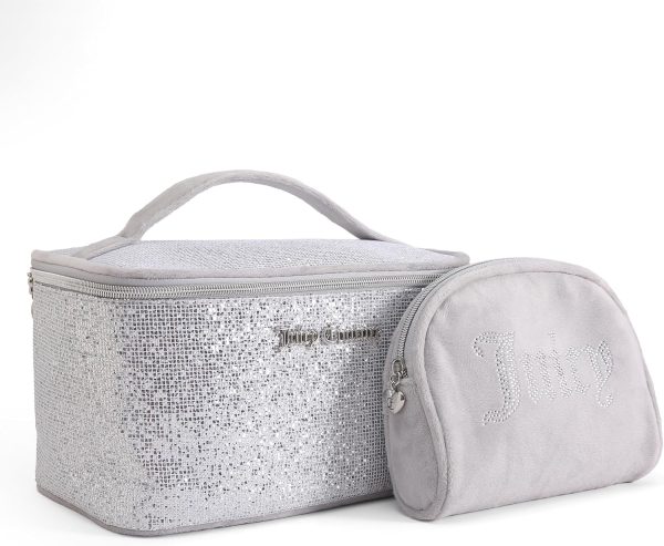 Juicy Couture Silver Makeup Bag Cosmetics Organizer Travel Essentials Train Case Coin Purse Glitter Rhinestone Velour juicy crab